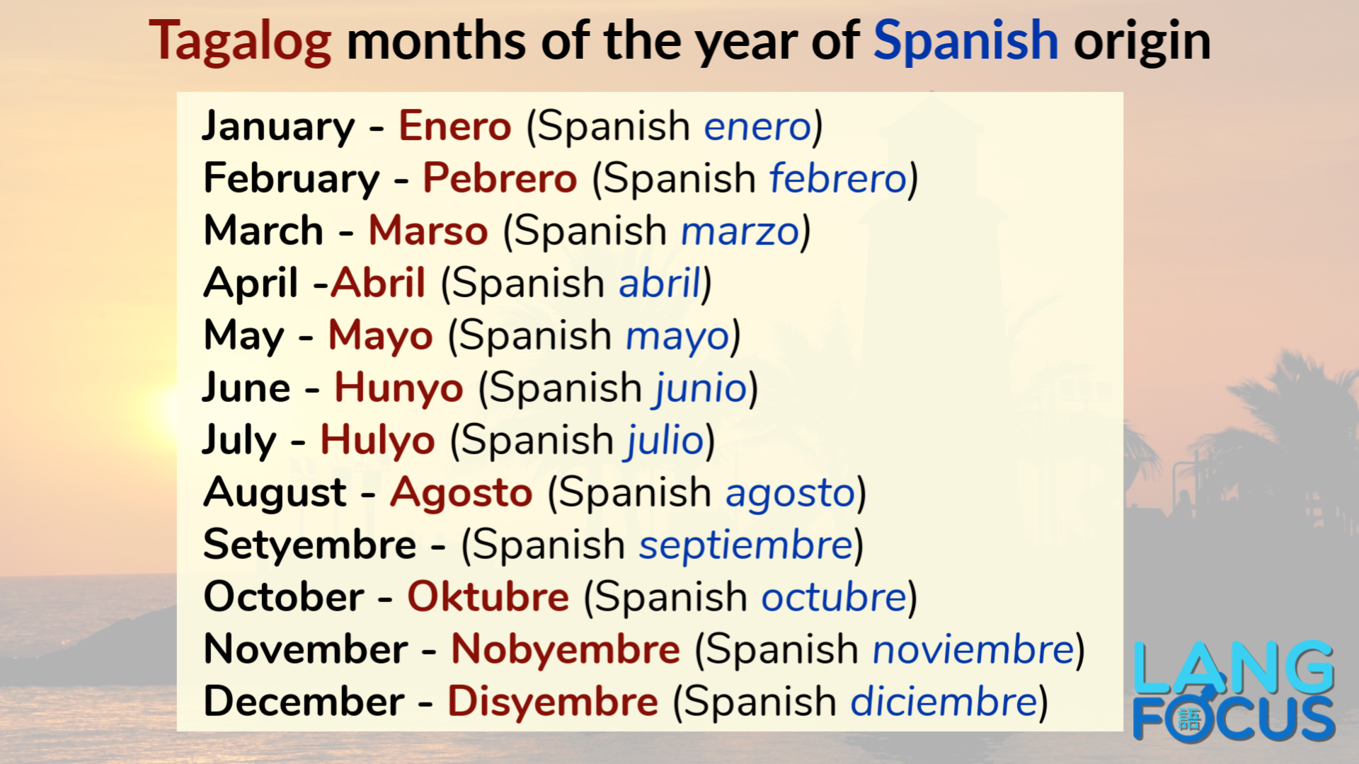 Spanish Vocabulary in Tagalog (Filipino)